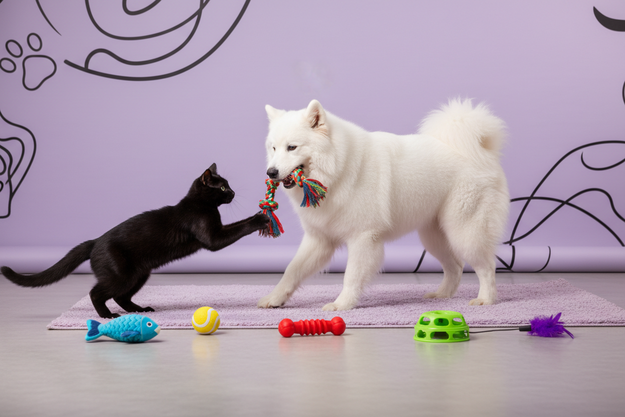 Create me a background photo for a pet supply store with a black cat and a white dog playing together. add in dog and cat toys. incorporate the colors light purple and black.